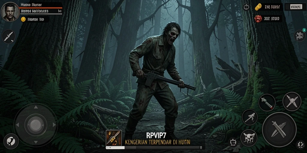 Screenshot menunjukkan pemain menjelajahi hutan angker yang gelap.