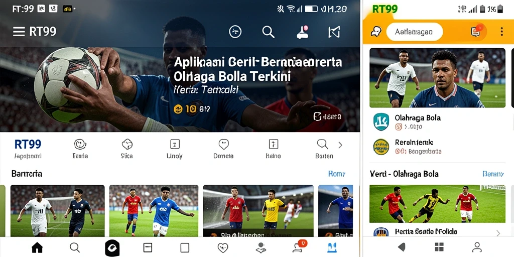 Tampilan antarmuka RT99 yang menampilkan berita olahraga bola terbaru.